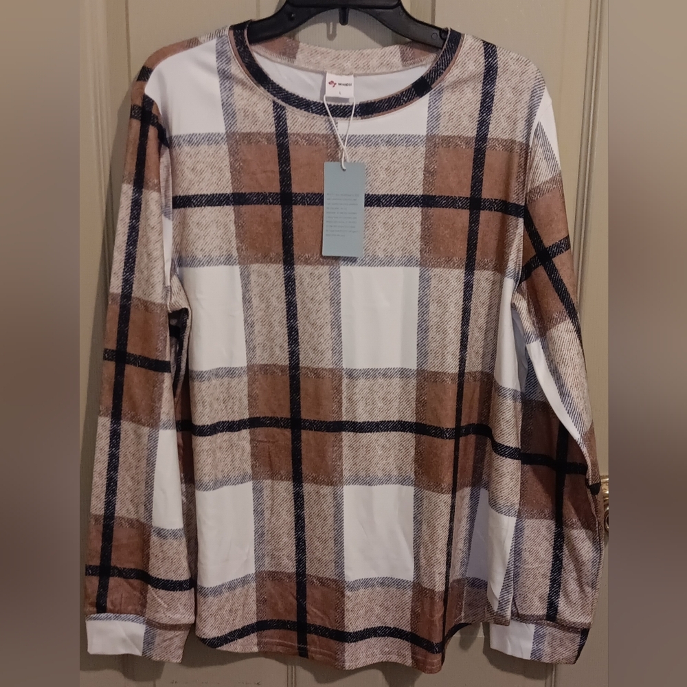 Plaid Long Sleeve Tunic Top in Brown and White